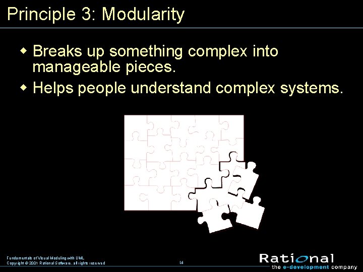 Principle 3: Modularity w Breaks up something complex into manageable pieces. w Helps people