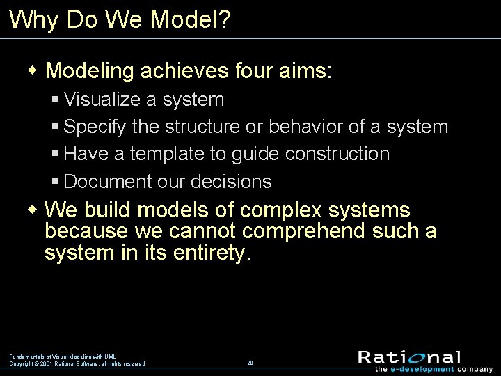 Why Do We Model? w Modeling achieves four aims: § Visualize a system §