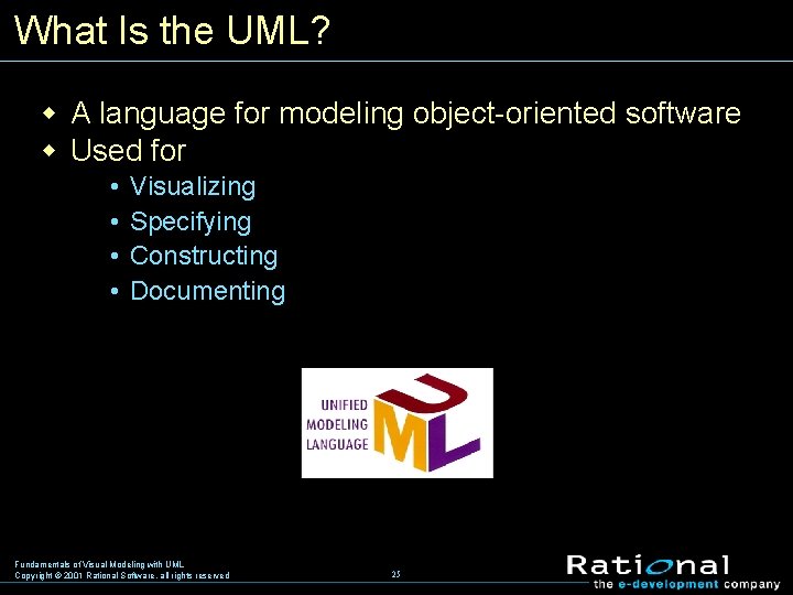 What Is the UML? w A language for modeling object oriented software w Used