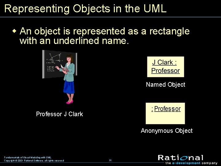 Representing Objects in the UML w An object is represented as a rectangle with