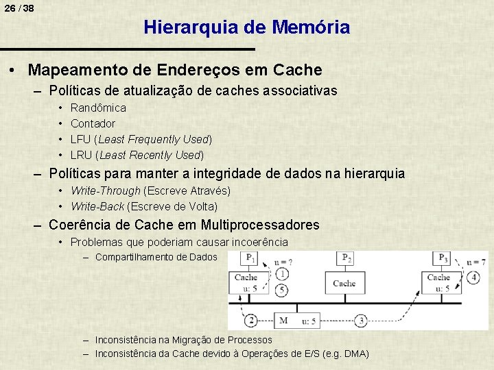 26 / 38 Hierarquia de Memória • Mapeamento de Endereços em Cache – Políticas