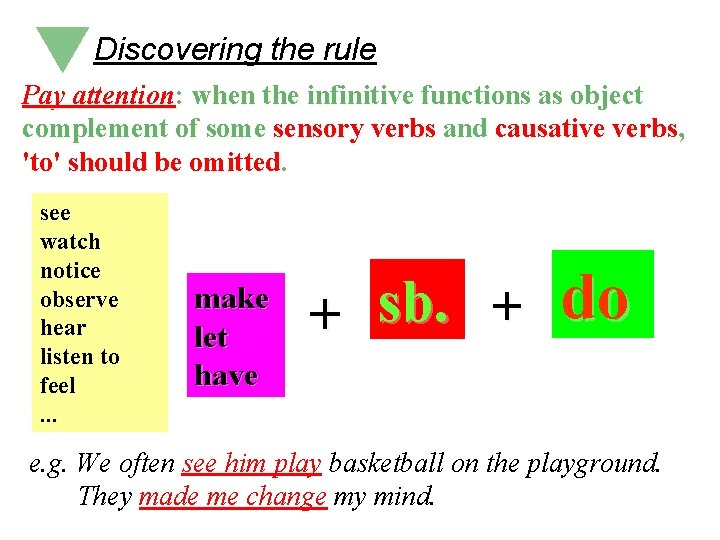 Discovering the rule Pay attention: when the infinitive functions as object complement of some Discovering the rule Pay attention: when the infinitive functions as object complement of some