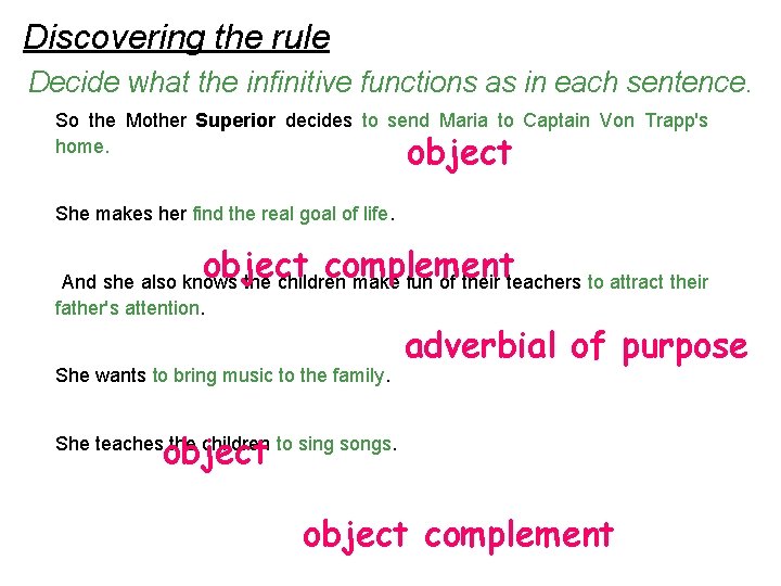 Discovering the rule Decide what the infinitive functions as in each sentence. So the Discovering the rule Decide what the infinitive functions as in each sentence. So the