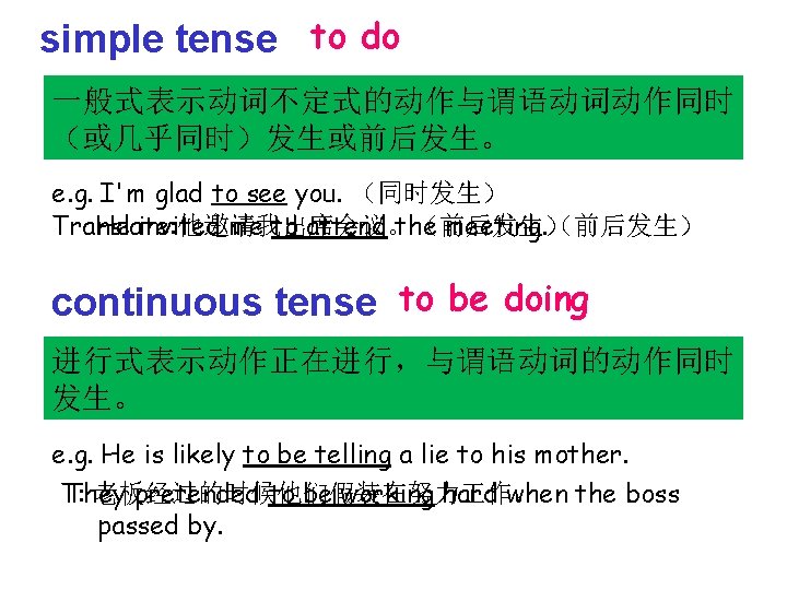 simple tense to do 一般式表示动词不定式的动作与谓语动词动作同时 (或几乎同时)发生或前后发生。 e. g. I'm glad to see you. (同时发生) simple tense to do 一般式表示动词不定式的动作与谓语动词动作同时 (或几乎同时)发生或前后发生。 e. g. I'm glad to see you. (同时发生)
