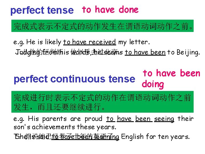 perfect tense to have done 完成式表示不定式的动作发生在谓语动词动作之前。 e. g. He is likely to have received perfect tense to have done 完成式表示不定式的动作发生在谓语动词动作之前。 e. g. He is likely to have received