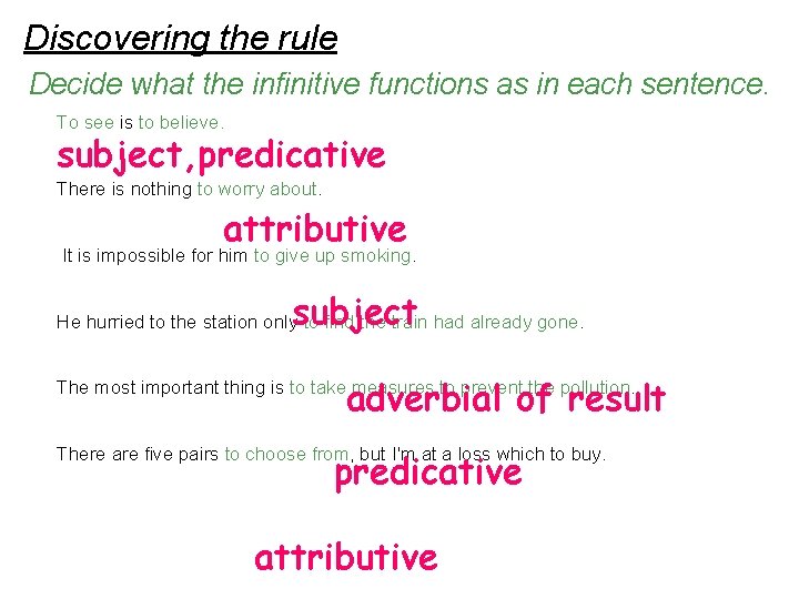 Discovering the rule Decide what the infinitive functions as in each sentence. To see Discovering the rule Decide what the infinitive functions as in each sentence. To see