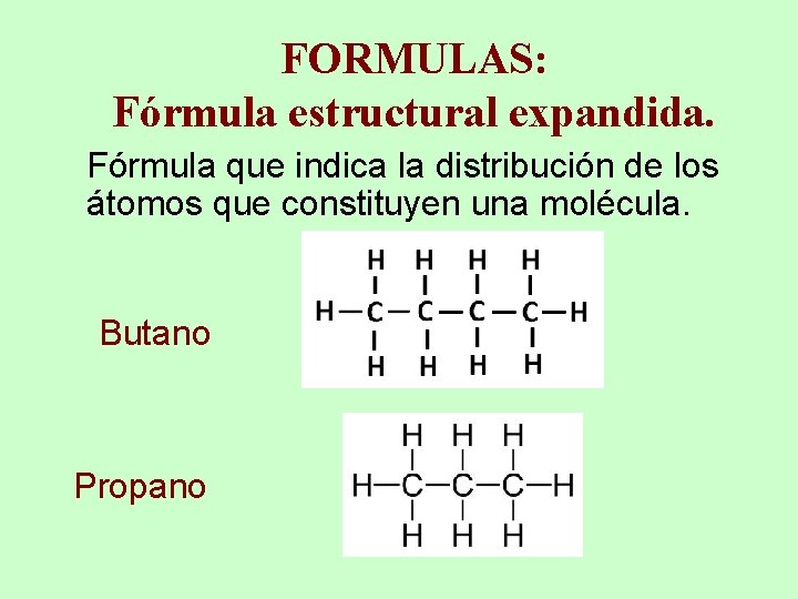 FORMULAS: Fórmula estructural expandida. Fórmula que indica la distribución de los átomos que constituyen