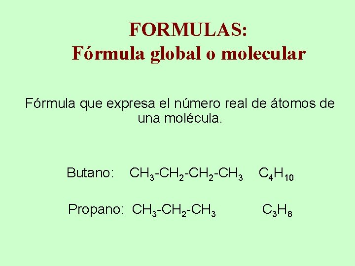 FORMULAS: Fórmula global o molecular Fórmula que expresa el número real de átomos de