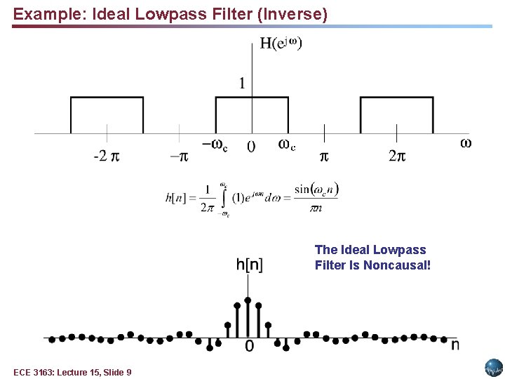 Example: Ideal Lowpass Filter (Inverse) The Ideal Lowpass Filter Is Noncausal! ECE 3163: Lecture