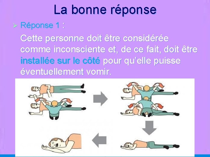 La bonne réponse Ø Réponse 1 : Cette personne doit être considérée comme inconsciente