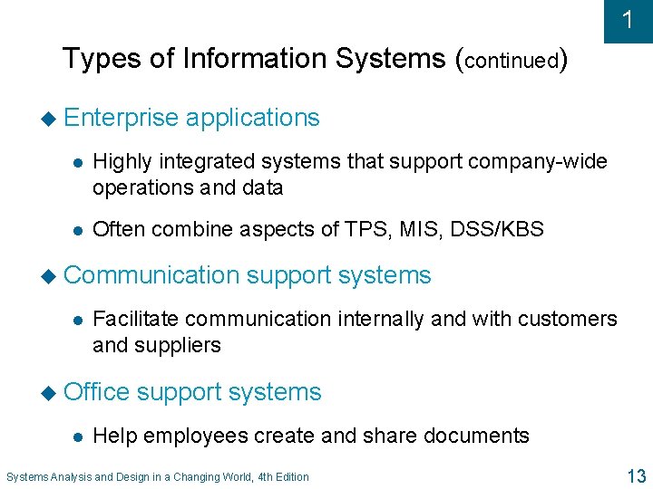 1 Types of Information Systems (continued) u Enterprise applications l Highly integrated systems that