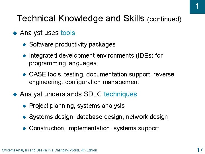 1 Technical Knowledge and Skills (continued) u u Analyst uses tools l Software productivity