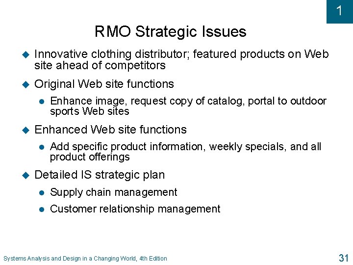 1 RMO Strategic Issues u Innovative clothing distributor; featured products on Web site ahead