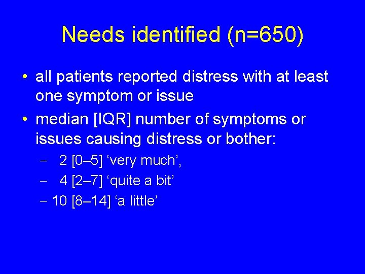 Needs identified (n=650) • all patients reported distress with at least one symptom or