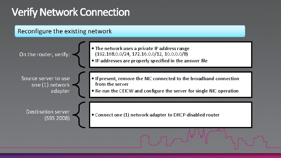 Reconfigure the existing network On the router, verify: Source server to use one (1)