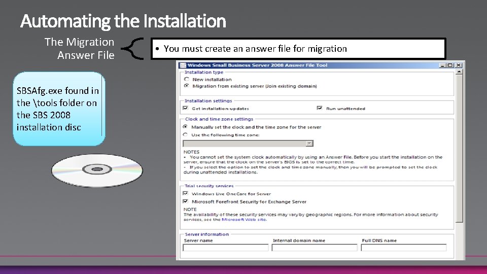 The Migration Answer File SBSAfg. exe found in the tools folder on the SBS