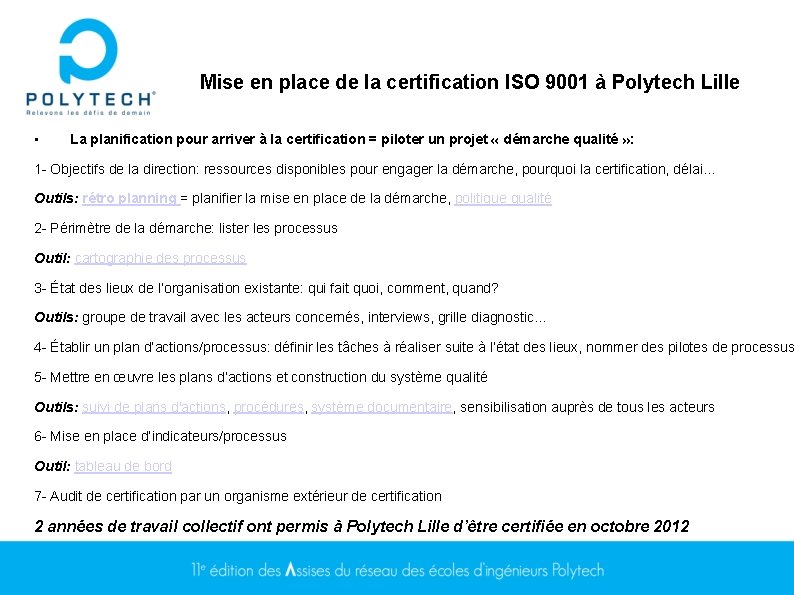 Mise en place de la certification ISO 9001 à Polytech Lille • La planification