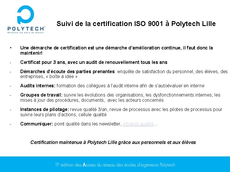 Suivi de la certification ISO 9001 à Polytech Lille • Une démarche de certification