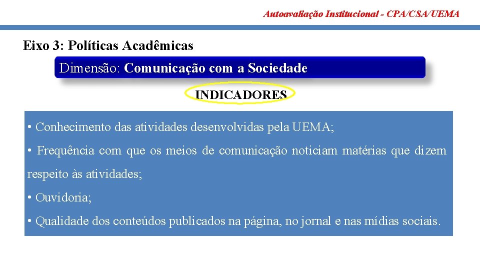 Autoavaliação Institucional - CPA/CSA/UEMA Eixo 3: Políticas Acadêmicas Dimensão: Comunicação com a Sociedade INDICADORES