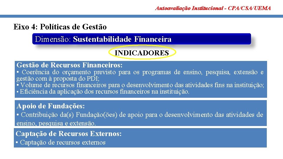 Autoavaliação Institucional - CPA/CSA/UEMA Eixo 4: Políticas de Gestão Dimensão: Sustentabilidade Financeira INDICADORES Gestão