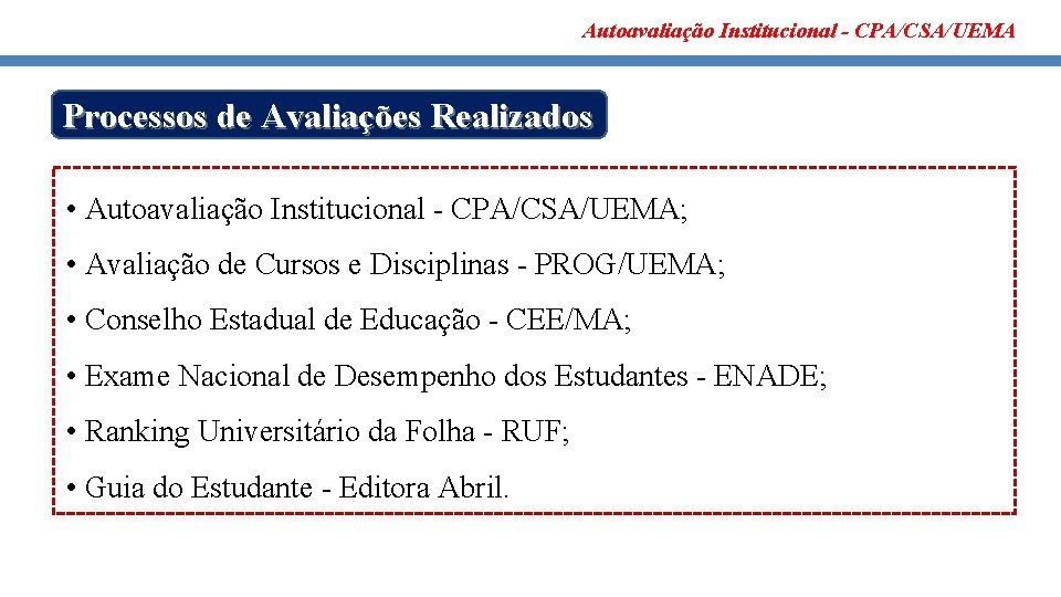 Autoavaliação Institucional - CPA/CSA/UEMA Processos de Avaliações Realizados • Autoavaliação Institucional - CPA/CSA/UEMA; •