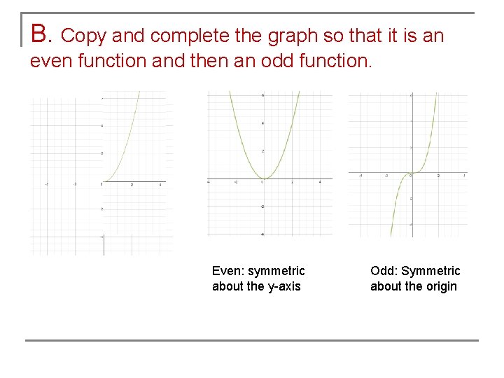 B. Copy and complete the graph so that it is an even function and