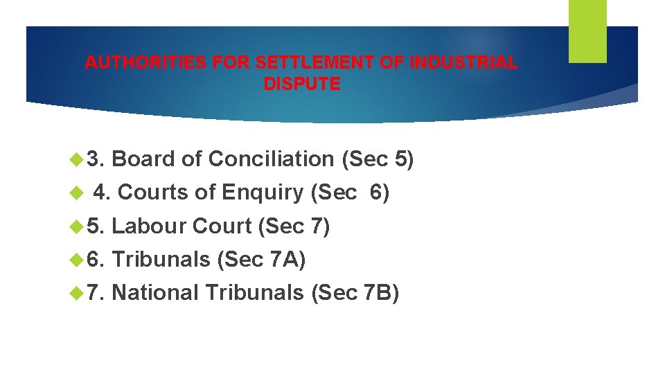 AUTHORITIES FOR SETTLEMENT OF INDUSTRIAL DISPUTE 3. Board of Conciliation (Sec 5) 4. Courts