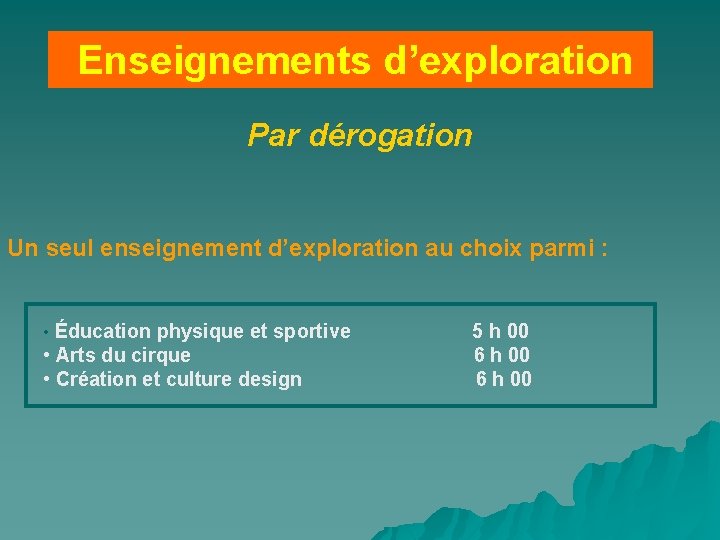 Enseignements d’exploration Par dérogation Un seul enseignement d’exploration au choix parmi : • Éducation