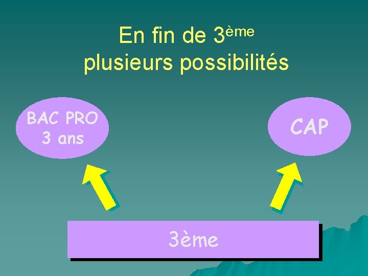 En fin de 3ème plusieurs possibilités BAC PRO 3 ans CAP 3ème 