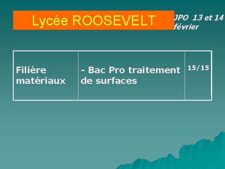 Lycée ROOSEVELT Filière matériaux JPO 13 et 14 février - Bac Pro traitement de