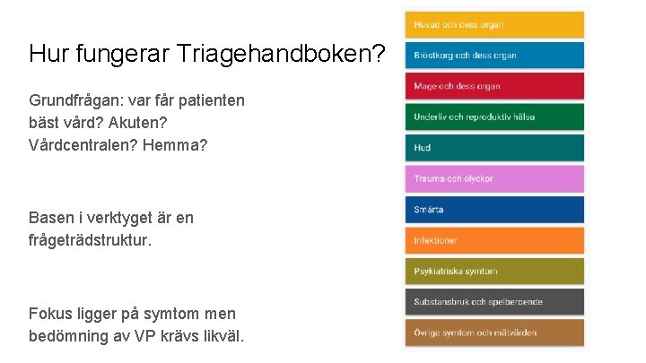 Hur fungerar Triagehandboken? Grundfrågan: var får patienten bäst vård? Akuten? Vårdcentralen? Hemma? Basen i