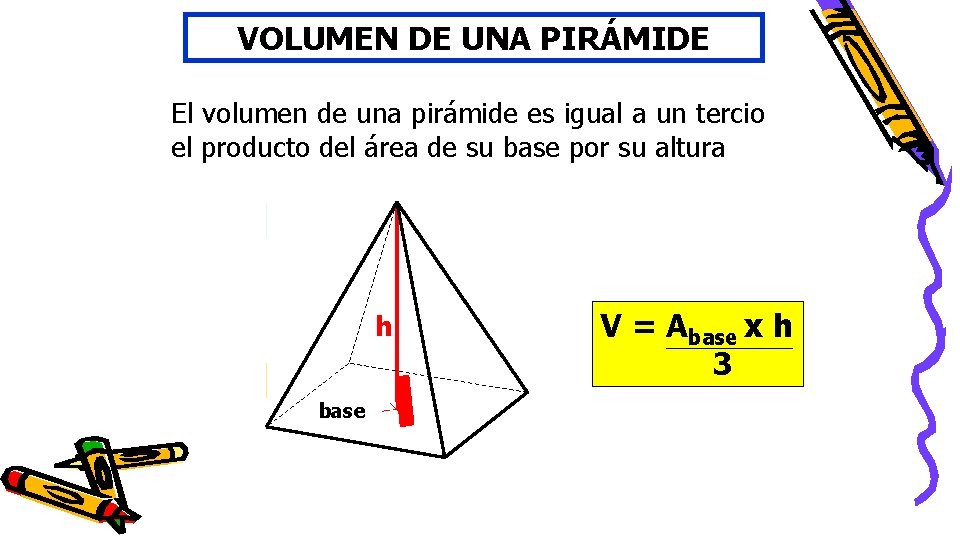 VOLUMEN DE UNA PIRÁMIDE El volumen de una pirámide es igual a un tercio