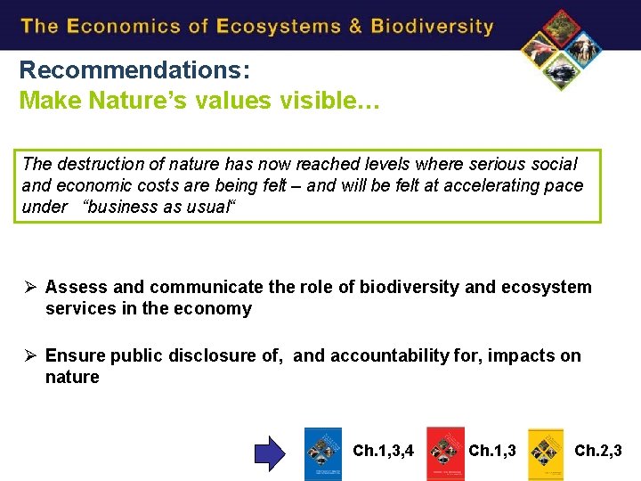 Recommendations: Make Nature’s values visible… The destruction of nature has now reached levels where