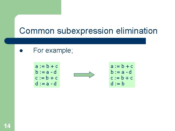 Common subexpression elimination l For example; a : = b + c b : Common subexpression elimination l For example; a : = b + c b :