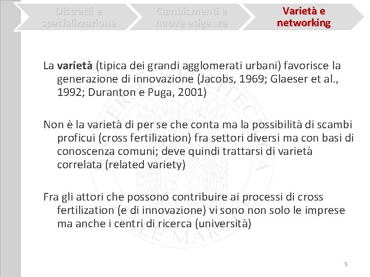 Distretti e specializzazione Cambiamenti e nuove esigenze Varietà e networking La varietà (tipica dei