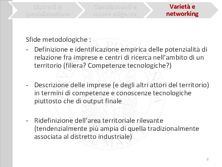 Distretti e specializzazione Cambiamenti e nuove esigenze Varietà e networking Sfide metodologiche : -