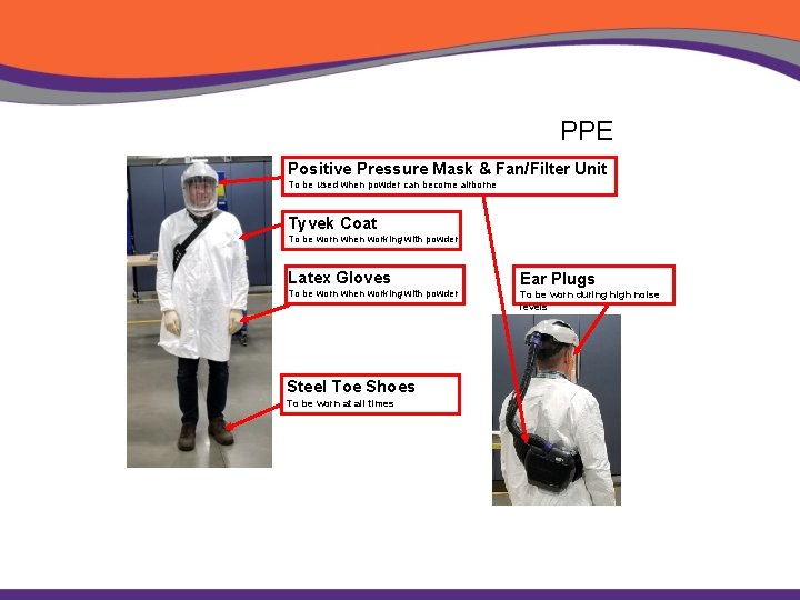  PPE Positive Pressure Mask & Fan/Filter Unit To be used when powder can