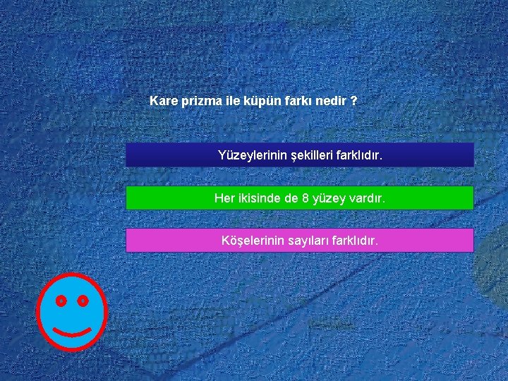 Kare prizma ile küpün farkı nedir ? Yüzeylerinin şekilleri farklıdır. Her ikisinde de 8