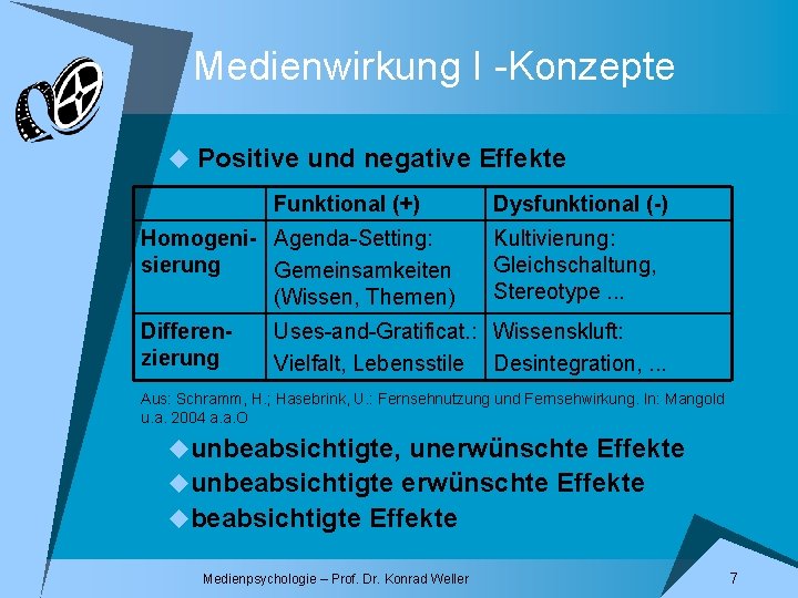 Medienwirkung I -Konzepte u Positive und negative Effekte Funktional (+) Homogeni- Agenda-Setting: sierung Gemeinsamkeiten