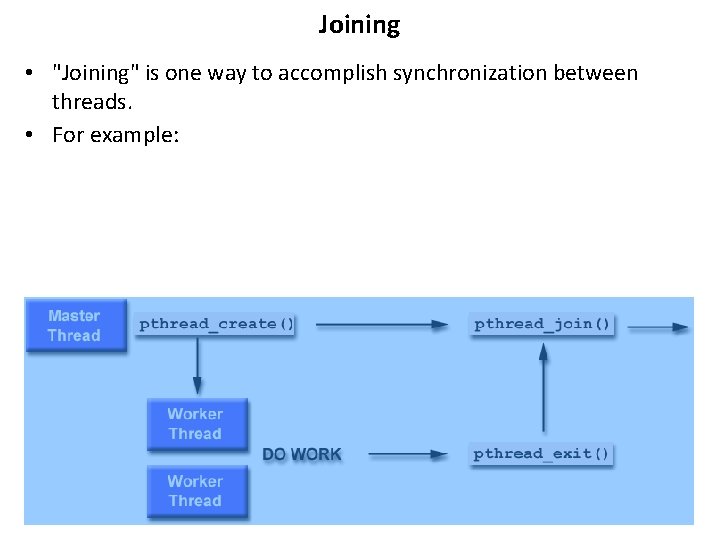 Joining • "Joining" is one way to accomplish synchronization between threads. • For example: