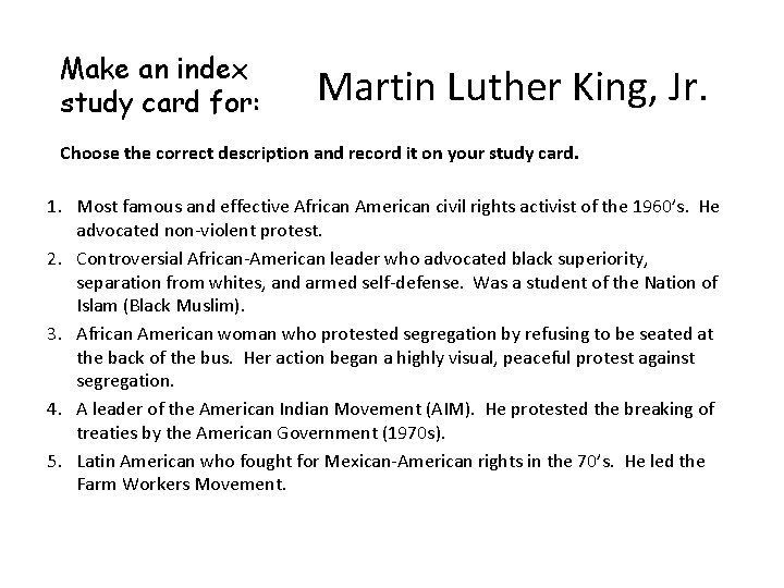 Make an index study card for: Martin Luther King, Jr. Choose the correct description