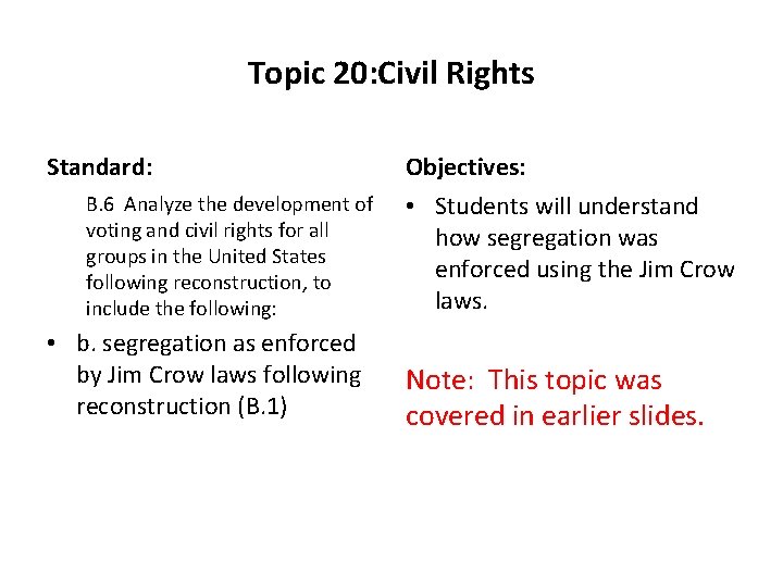 Topic 20: Civil Rights Standard: B. 6 Analyze the development of voting and civil