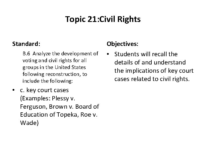 Topic 21: Civil Rights Standard: B. 6 Analyze the development of voting and civil