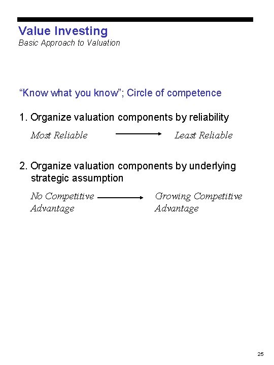 Value Investing Basic Approach to Valuation “Know what you know”; Circle of competence 1.