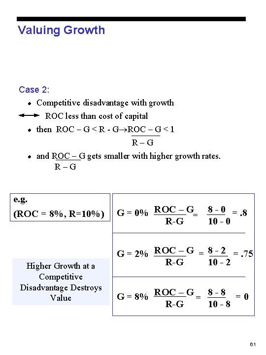 Valuing Growth Case 2: l Competitive disadvantage with growth l l ROC less than Valuing Growth Case 2: l Competitive disadvantage with growth l l ROC less than