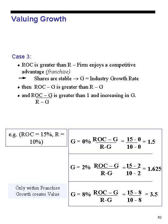 Valuing Growth Case 3: l ROC is greater than R – Firm enjoys a