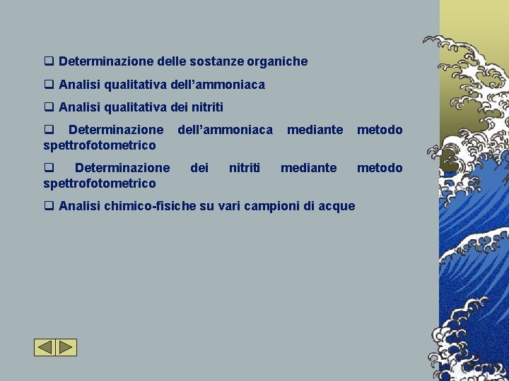 q Determinazione delle sostanze organiche q Analisi qualitativa dell’ammoniaca q Analisi qualitativa dei nitriti