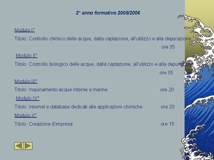 2° anno formativo 2005/2006 Modulo I° Titolo: Controllo chimico delle acque, dalla captazione, all’utilizzo