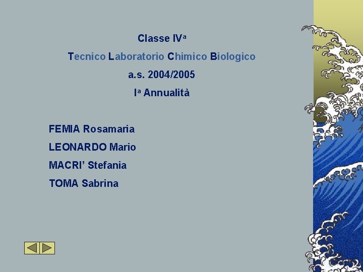 Classe IVa Tecnico Laboratorio Chimico Biologico a. s. 2004/2005 Ia Annualità FEMIA Rosamaria LEONARDO