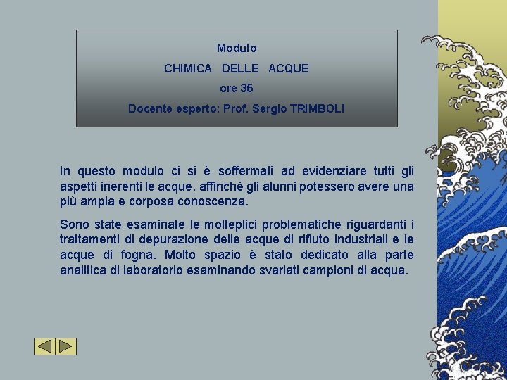 Modulo CHIMICA DELLE ACQUE ore 35 Docente esperto: Prof. Sergio TRIMBOLI In questo modulo